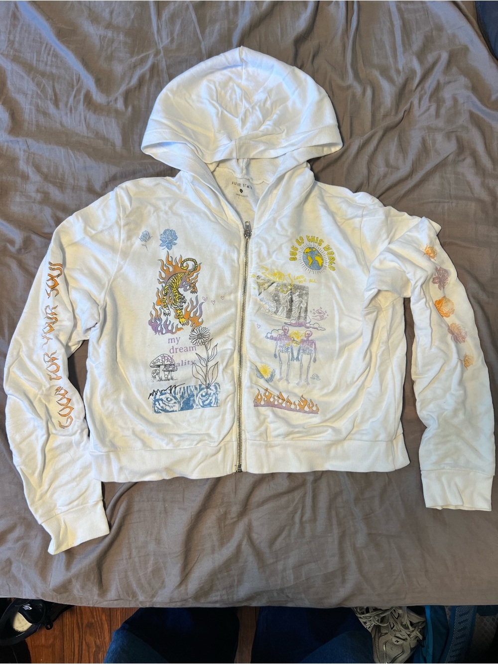 Cropped White Graphic Zip-Up Hoodie Jacket